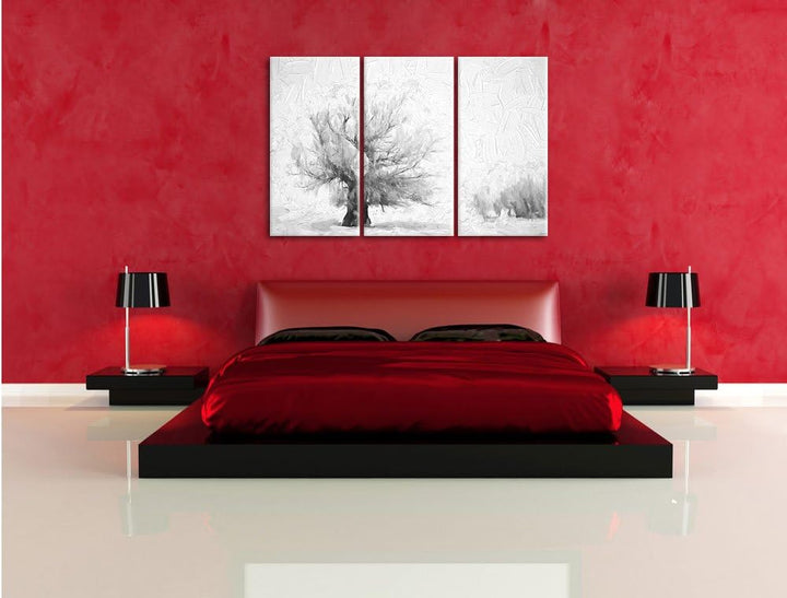 Pixxprint verschneite Bäume Pinsel Effekt 3-Teiler Leinwandbild 120x80 Bild auf Leinwand