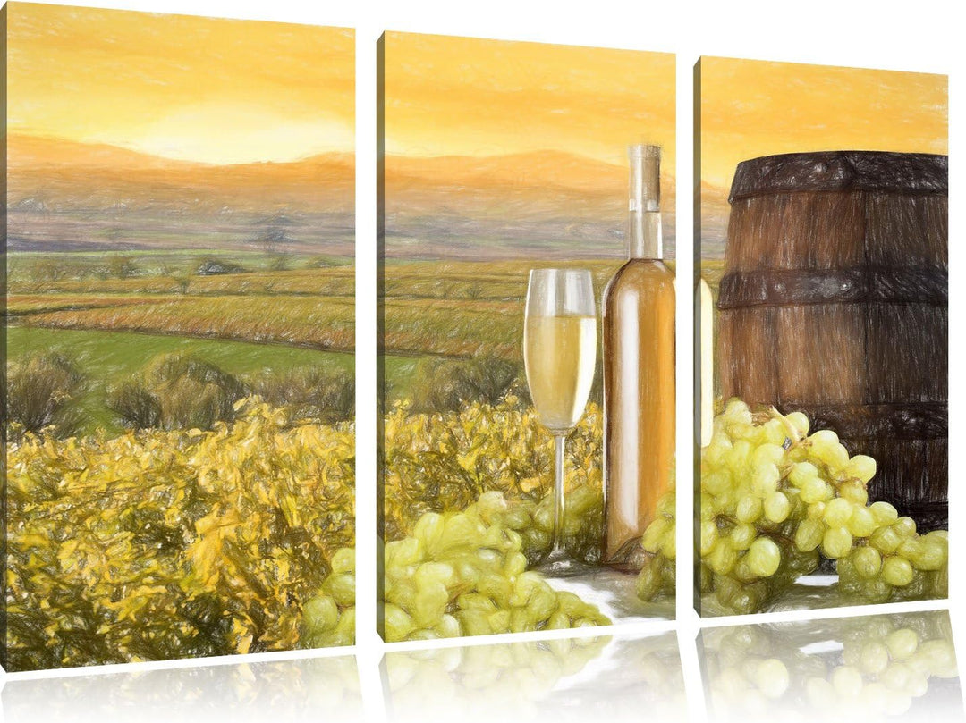 Pixxprint Weinreben mit Weinflasche und Fass als Leinwandbild/Grösse: 3 Teilig (120x80) cm/Wandbild/