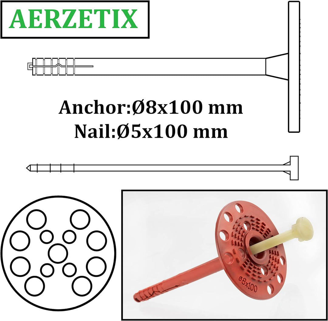 AERZETIX - C65192 - Set von 50 Isolierdübeln 8x100 mm + 50 schlagnägel Ø5x100 mm - aus nylon - ziege