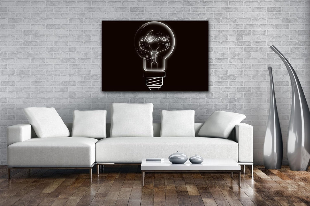 deyoli Dark interessante Glühbirne mit Love Schriftzug Format: 80x60 als Leinwandbild, Motiv fertig