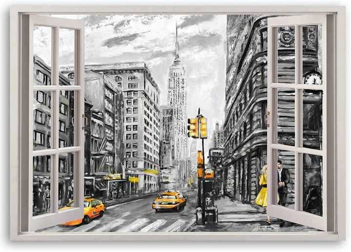 Feeby Wandbild Fenster-Illusion Druckbild Leinwandbild New York Gelb 90x60 cm Leinwandbild 90x60 cm