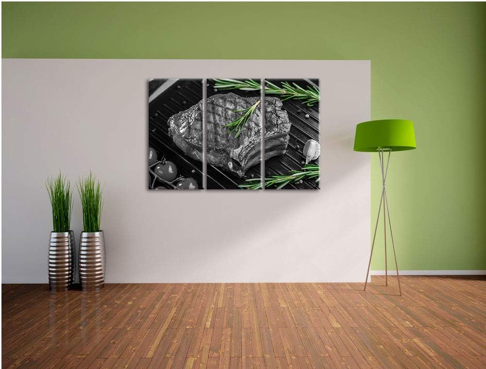 Pixxprint leckeres Rumpsteak auf Grill als Leinwandbild | Grösse: 3 Teilig (120x80) | Wandbild| Kuns