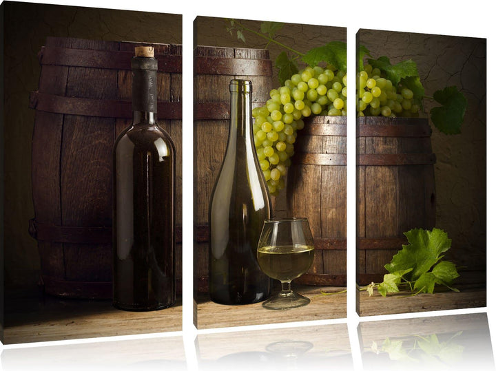 Pixxprint Fässer mit Weintrauben und Wein als Leinwandbild | Grösse: 3 Teilig (120x80) | Wandbild| K