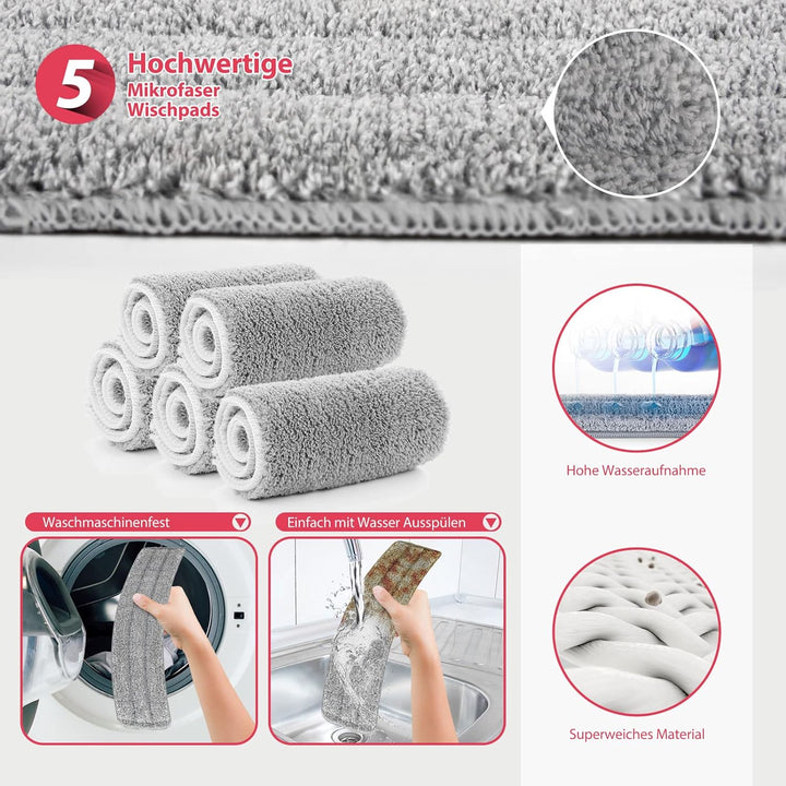 Myiosus Flacher Wischmopp, 60cm Breiter Bodenwischer, 5 Mikrofaser Wischpads und 1 Schaber Enthalten