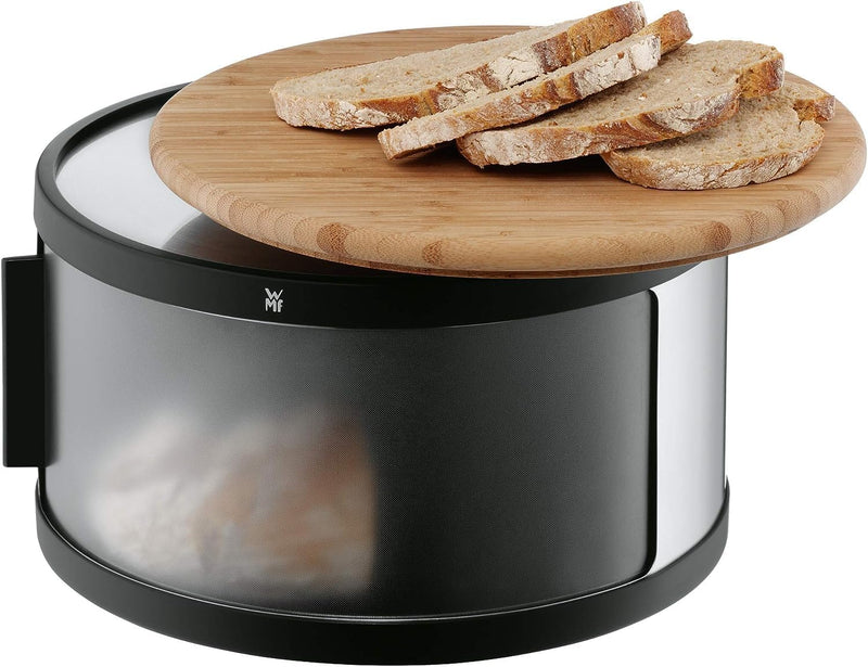 WMF Gourmet Brotkasten rund 32 x 13 cm, mit Schneidbrett, Brottrommel, Bambus, Cromargan Edelstahl,