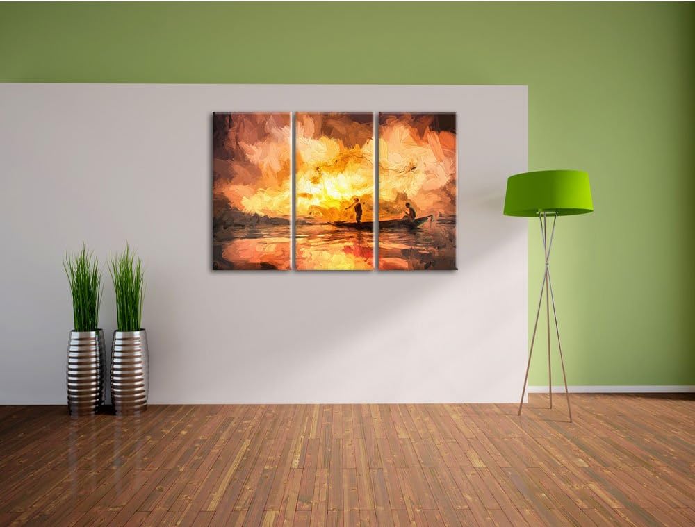 Pixxprint Fischer am fischen mit Wurfnetz als Leinwandbild/Grösse: 3 Teilig (120x80) cm/Wandbild/Kun