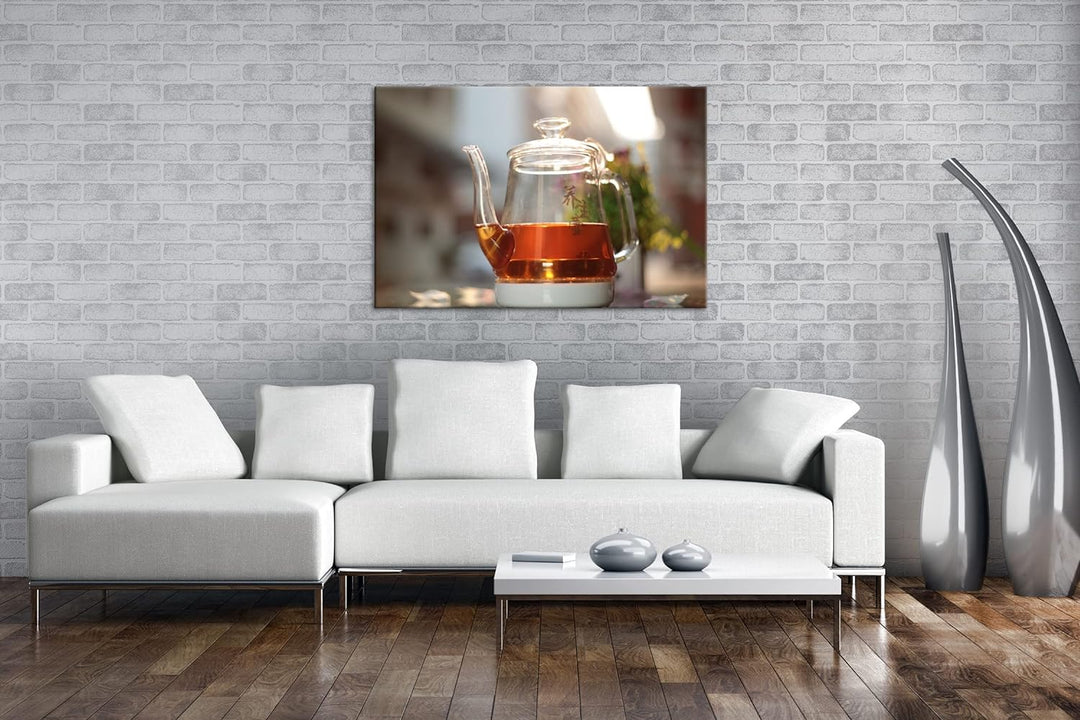deyoli schwarzer Tee in eleganter Glaskanne im Format: 80x60 als Leinwandbild, Motiv fertig gerahmt