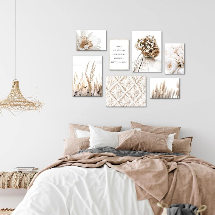Novart Wandbilder Boho - KOMPLETT AUFHÄNGFERTIG - Beige Wohnzimmer Schlafzimmer- 7 Moderne Mood-Bild