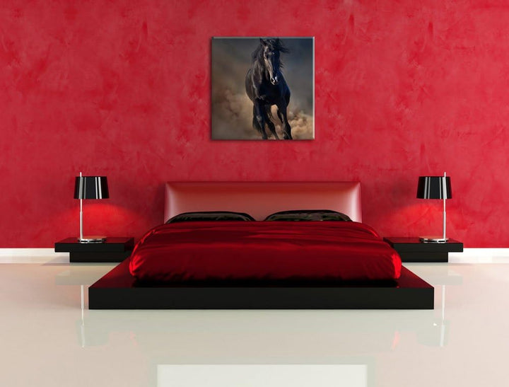 Elegantes schwarzes Pferd, Format: 70x70 auf Leinwand, XXL riesige Bilder fertig gerahmt mit Keilrah