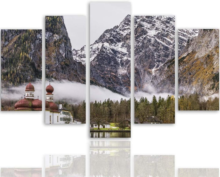 Feeby Wandbild XXL 5 Teilig Landschaft Leinwandbild Berge Kirche Wasser bunt 300x140 cm Leinwandbild