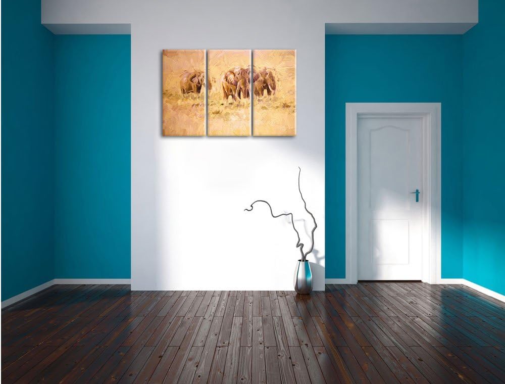 Pixxprint Elefanten in Südafrika / 3-Teilig/Gesamtmass 120cm Leinwandbild bespannt auf Holzrahmen/Wa