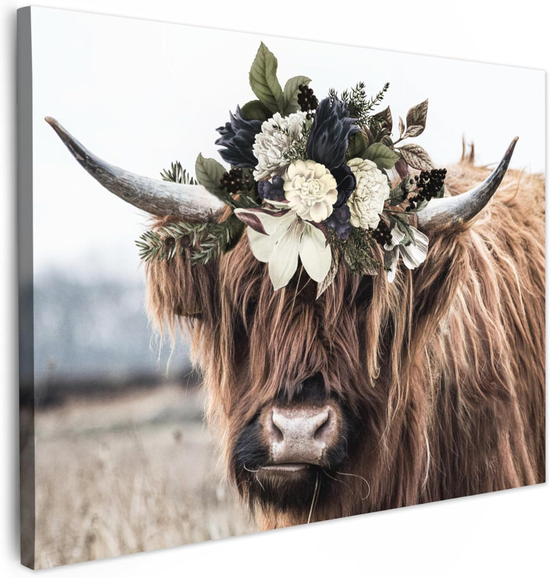 MuchoWow Leinwand Bilder, Einzigartige Wanddeko mit Rahmen, Schottische Highlander - Blumen - Hoorn,