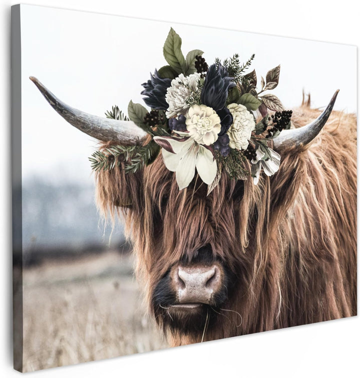 MuchoWow Leinwand Bilder, Einzigartige Wanddeko mit Rahmen, Schottische Highlander - Blumen - Hoorn,
