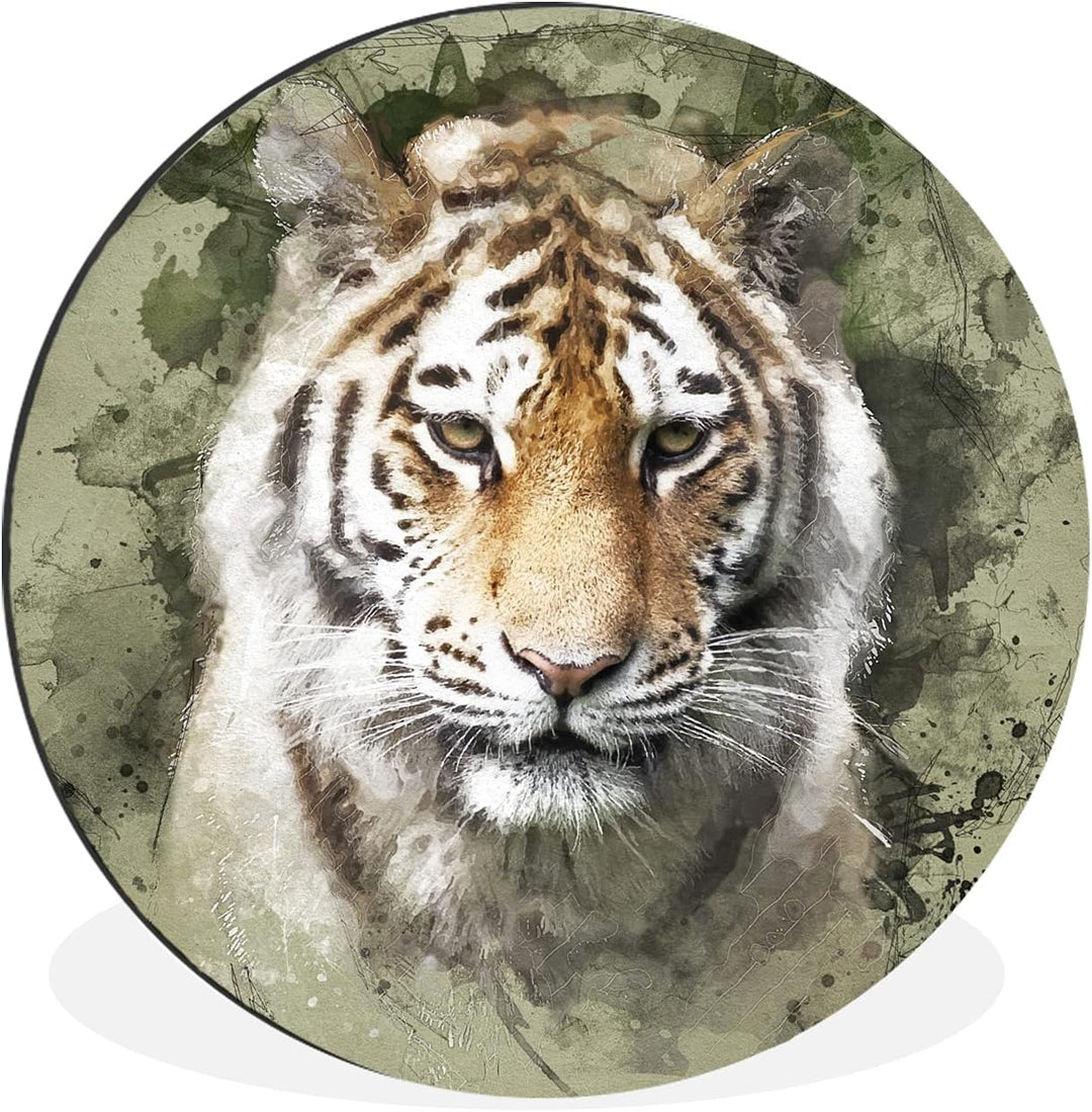 MuchoWow Wandbild Rund Wanddeko Deko Wohnzimmer Bilder 30x30 cm Tiger - Aquarell - Grün, 30x30 cm