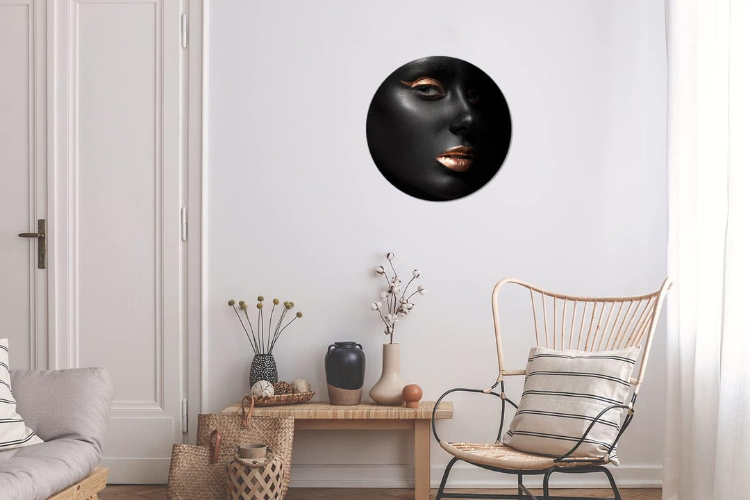 MuchoWow Wandbild Rund Wanddeko Deko Wohnzimmer Bilder 30x30 cm Schwarz - Weiblich - Kupfer, 30x30 c