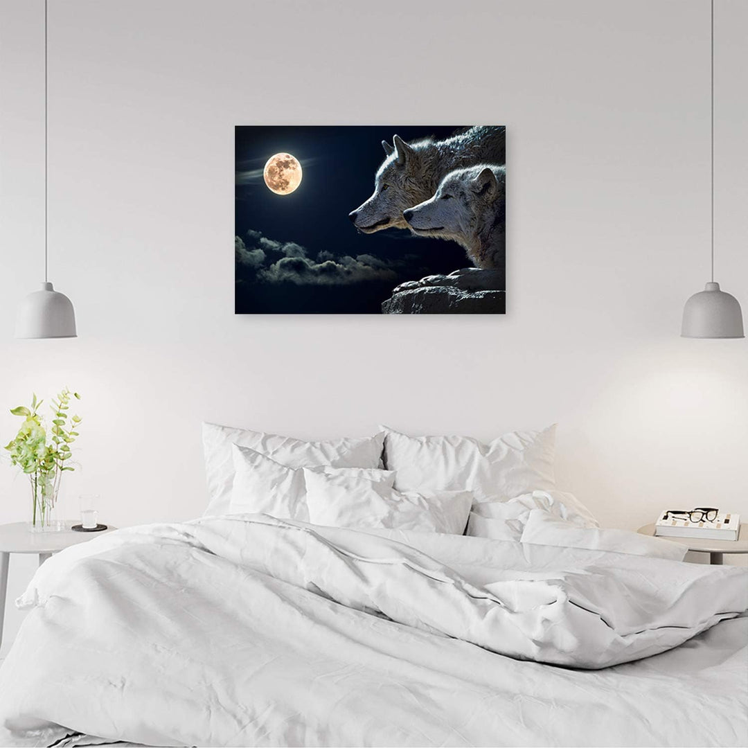 Wanddeko Wölfe Kunst modern Bilder Mond Grau 90x60 cm Deko Paneel 90x60 cm Grau_A, Deko Paneel 90x60