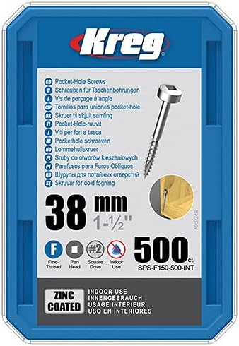 Kreg® Zink-Taschenlochschrauben – 38 mm / 1,50 Zoll, 6 Feingewinde, Flachkopf, 500 Stück