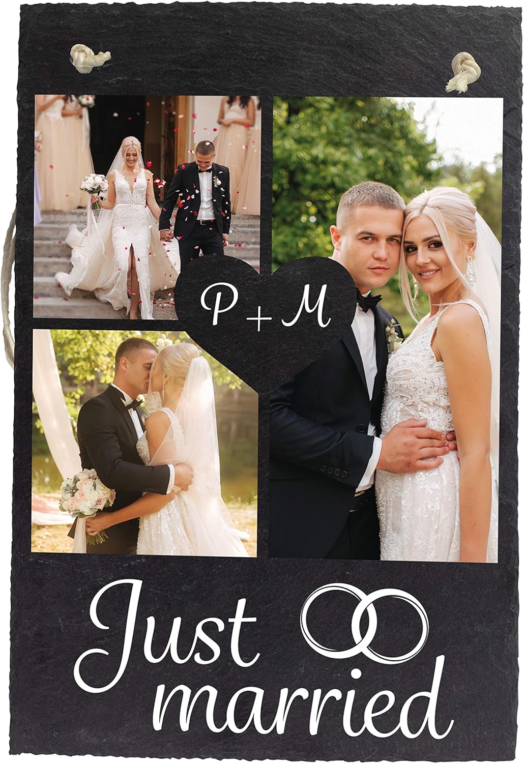 wandmotiv24 Schiefertafel Hochzeit Just Married, Aufhängeschild mit Strick, Personalisierbar Digital