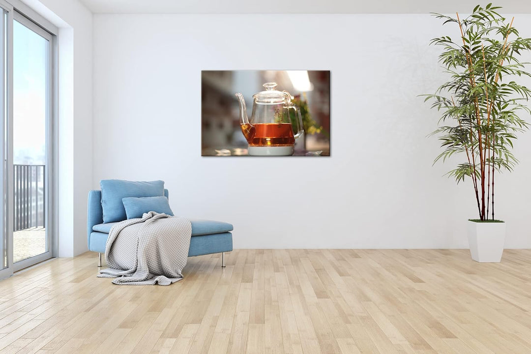 deyoli schwarzer Tee in eleganter Glaskanne im Format: 80x60 als Leinwandbild, Motiv fertig gerahmt
