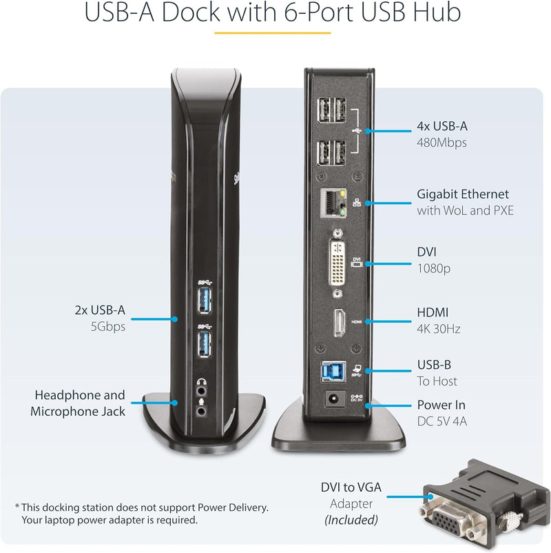 StarTech.com Dual Monitor USB 3.0 Laptop Docking Station mit HDMI & DVI/VGA, 6x USB-A Hub, GbE, Audi