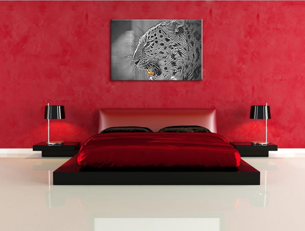 brüllender Leopard schwarz/weiss Deluxe Format: 100x70 cm auf Leinwand, XXL riesige Bilder fertig ge