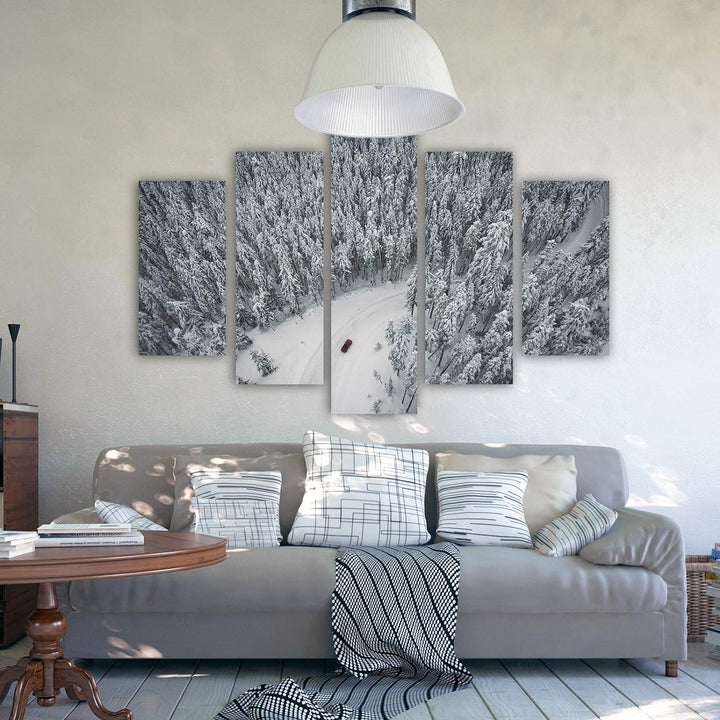 Feeby Wanddeko XXL Landschaft Leinwandbild 5 Teilig Winter Wald Weg Auto weiss 100x70 cm Leinwandbil