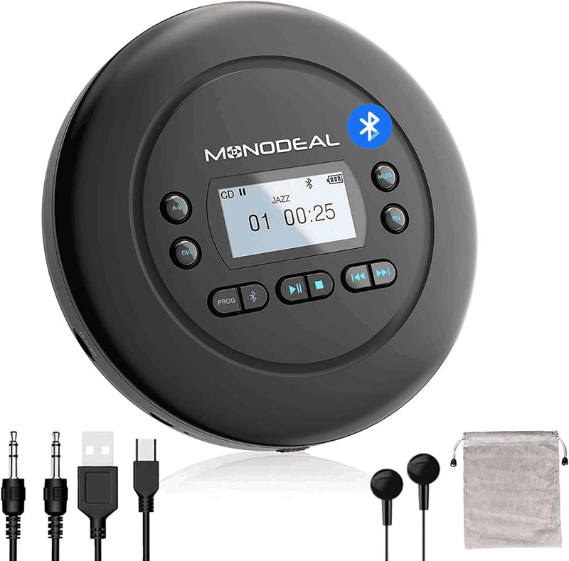 MONODEAL Tragbarer CD Player Bluetooth, Wiederaufladbar Discman für Auto und Kinder, Anti-Skip, klei