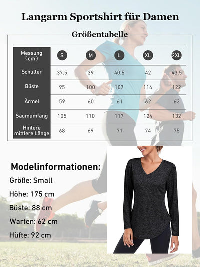 Deaviya Sportshirt Langarm Damen, Laufshirt Langarm, Langarmshirt Fitness Oberteil, V-Ausschnitt Wor