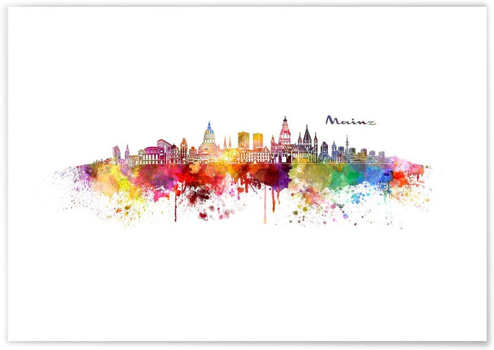 JUNIWORDS Poster mit/ohne Holzrahmen, Wähle ein Motiv, Aquarell Skyline Mainz, Wähle eine Grösse, 60