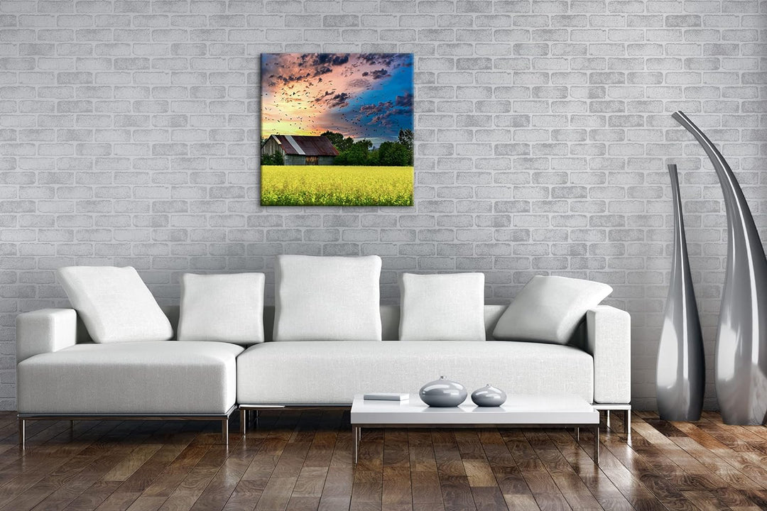 Scheune am blühendem Feld Format: 60x60 als Leinwandbild, Motiv fertig gerahmt auf Echtholzrahmen, H