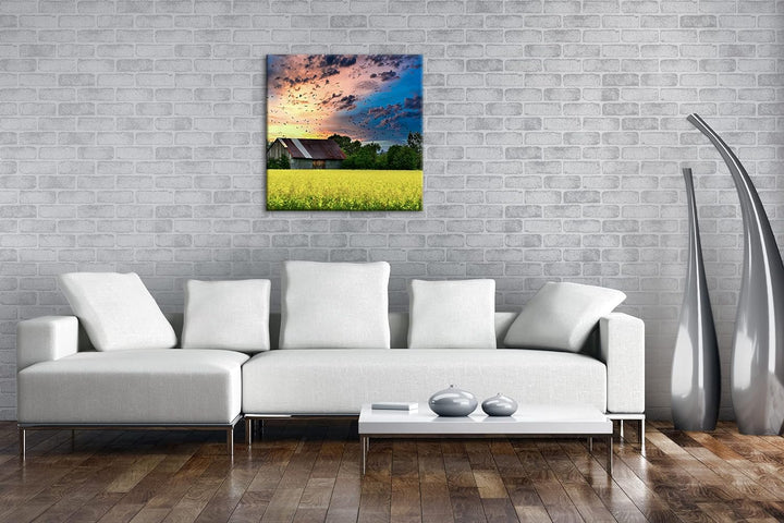 Scheune am blühendem Feld Format: 60x60 als Leinwandbild, Motiv fertig gerahmt auf Echtholzrahmen, H