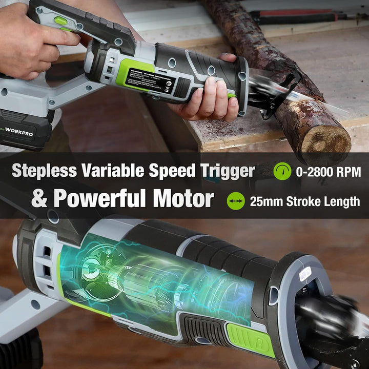 WORKPRO Akku Säbelsäge Kabellose Reciprosäge 20V 4,0 Ah Universalsäge mit 4 Sägeblätter für Holz&Met