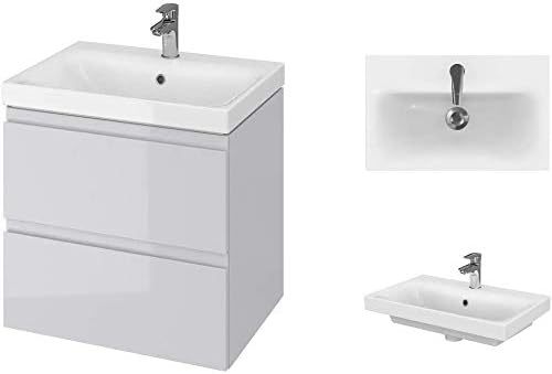 VBChome Badmöbel Slim 60 cm Grau Waschbecken mit Unterschrank Waschtisch 2-Schubladen Moduo Waschbec