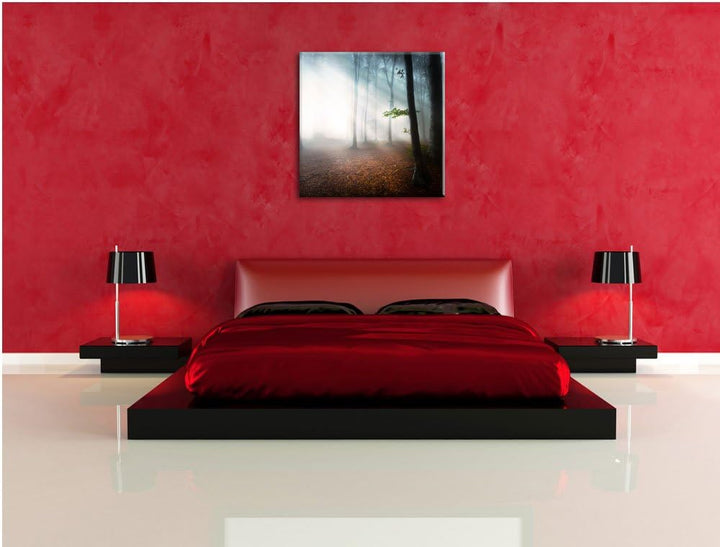 Düsterer Wald im Nebel, Format: 70x70 auf Leinwand, XXL riesige Bilder fertig gerahmt mit Keilrahmen