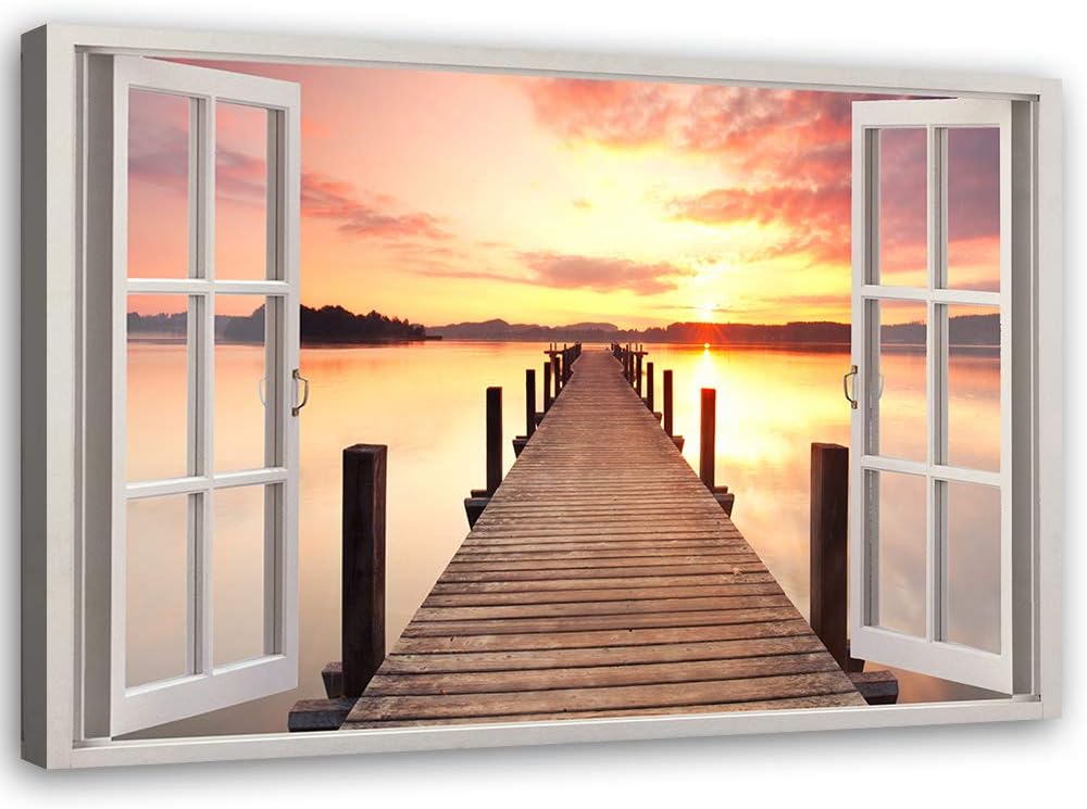 Feeby Viles - Leinwand Bilder - Fensterblick Natur- 120x80 cm- Deko Wohnzimmer - Wandbilder Schlafzi