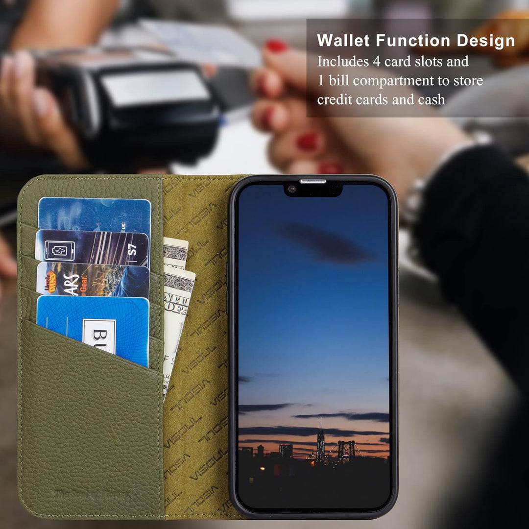 VISOUL iPhone 13 Pro Max Hülle, Stossfeste Handyhülle [100% Rindsleder] [RFID Schützt] [Kartenfächer