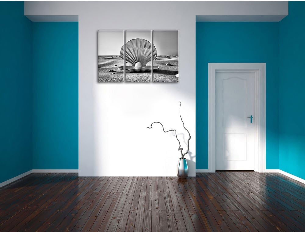 Pixxprint Monocrome, Perlenmuschel am Strand 3-Teiler Leinwandbild 120x80 Bild auf Leinwand