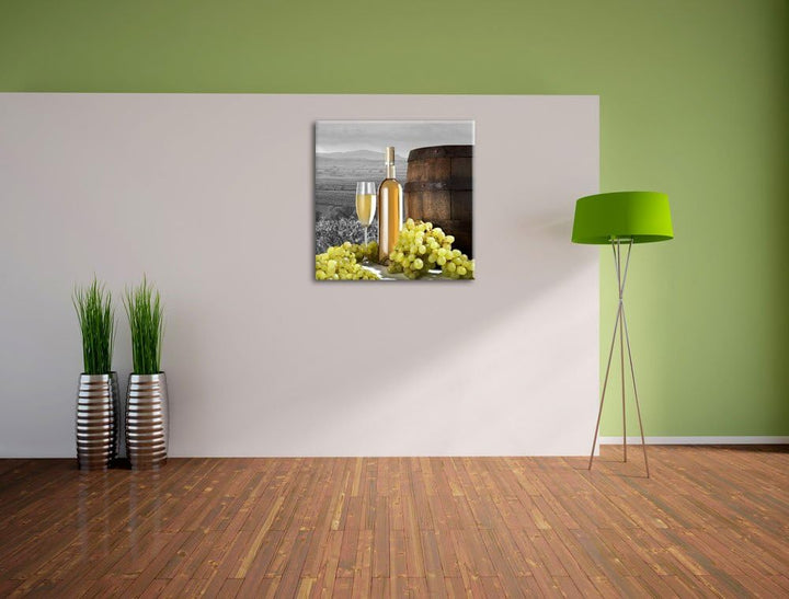 Pixxprint Weinreben mit Weinflasche und Fass als Leinwandbild/Grösse: 70x70 cm/Wandbild/Kunstdruck/f
