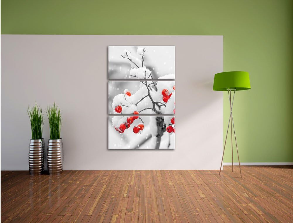 Pixxprint Rote Vogelbeeren im Winter 3-Teiler Leinwandbild 120x80 Bild auf Leinwand
