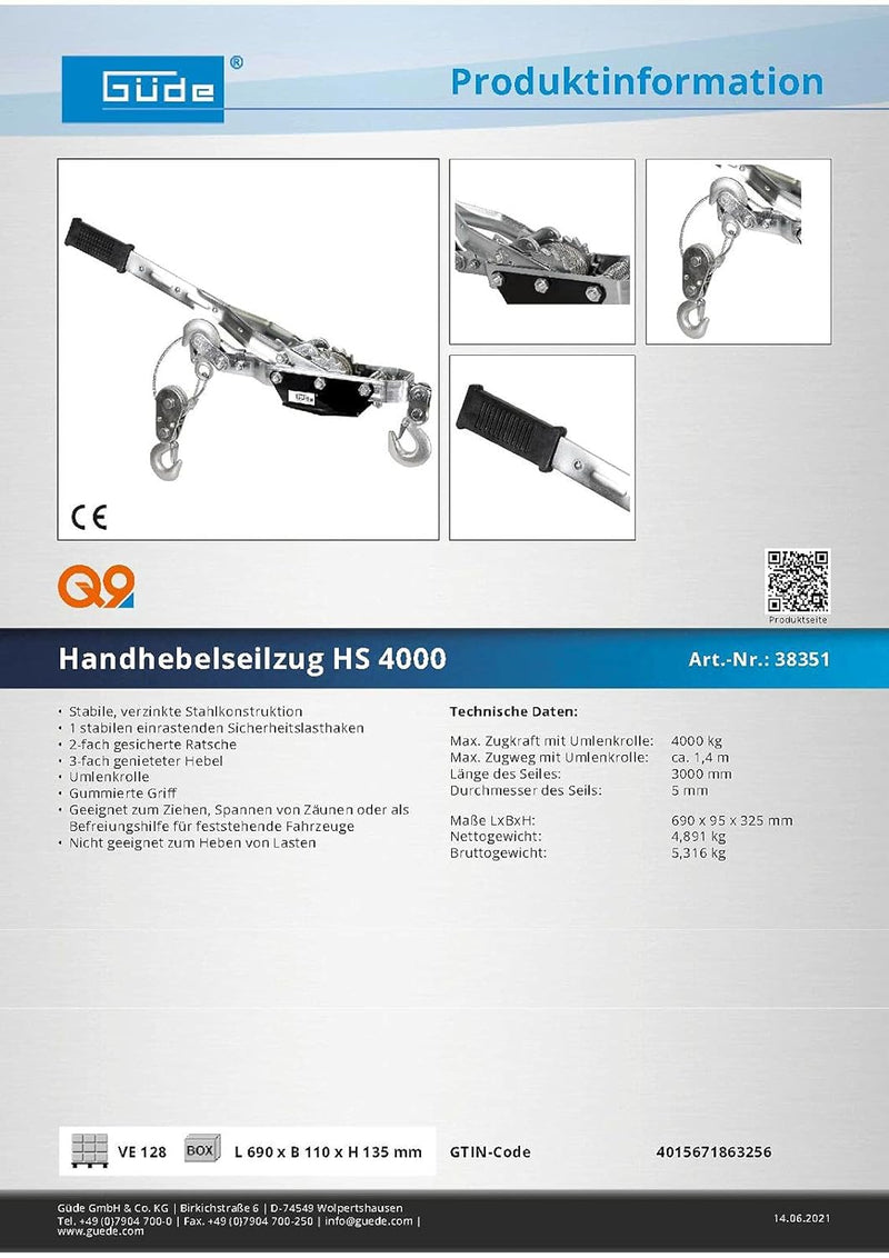 Güde 38351 Handhebelseilzug HS 4000 (Stabile, verzinkte Stahlkonstruktion, 2-fach gesicherte Ratsche