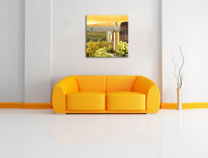 Pixxprint Weinreben mit Weinflasche und Fass, Format: 70x70 auf Leinwand, 70x70