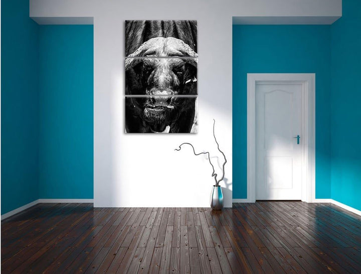 Pixxprint Wasserbüffel Schwarz/weiss 3-Teiler Leinwandbild 120x80 Bild auf Leinwand