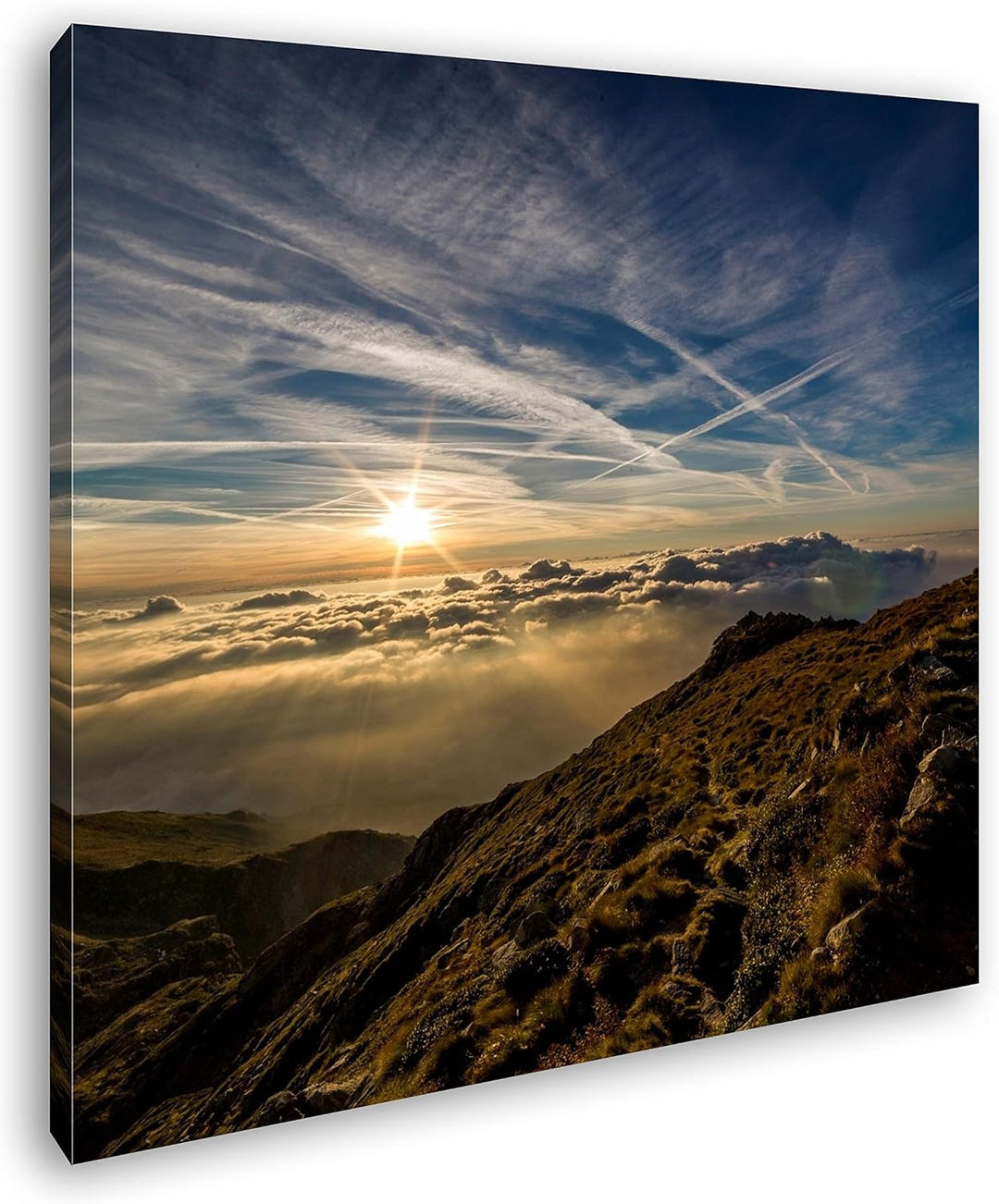 berührende Berglandschaft über den Wolken Format: 70x70 als Leinwand, Motiv fertig gerahmt auf Echth