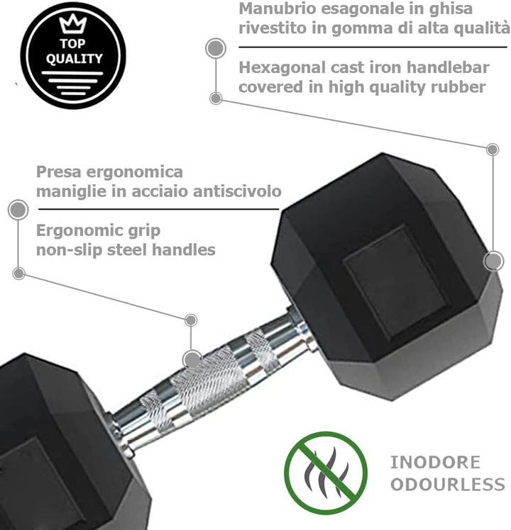G5 HT SPORT Professionelle gummierte sechseckige Hantel von 1 bis 50 kg | Gewichtheben im Fitnessstu