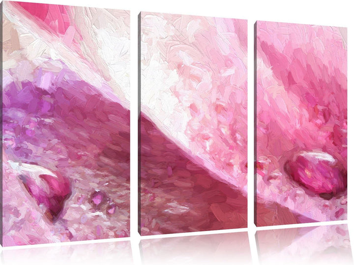 Pixxprint Rosane Tulpenblätter mit Wassertropfen Kunst Pinsel Effekt 3-Teiler Leinwandbild 120x80 Bi