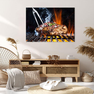 Bilder auf Leinwand 100x70cm Leinwandbild Steak Grill Flammen Essen Gross Wanddeko Bild Schlafzimmer