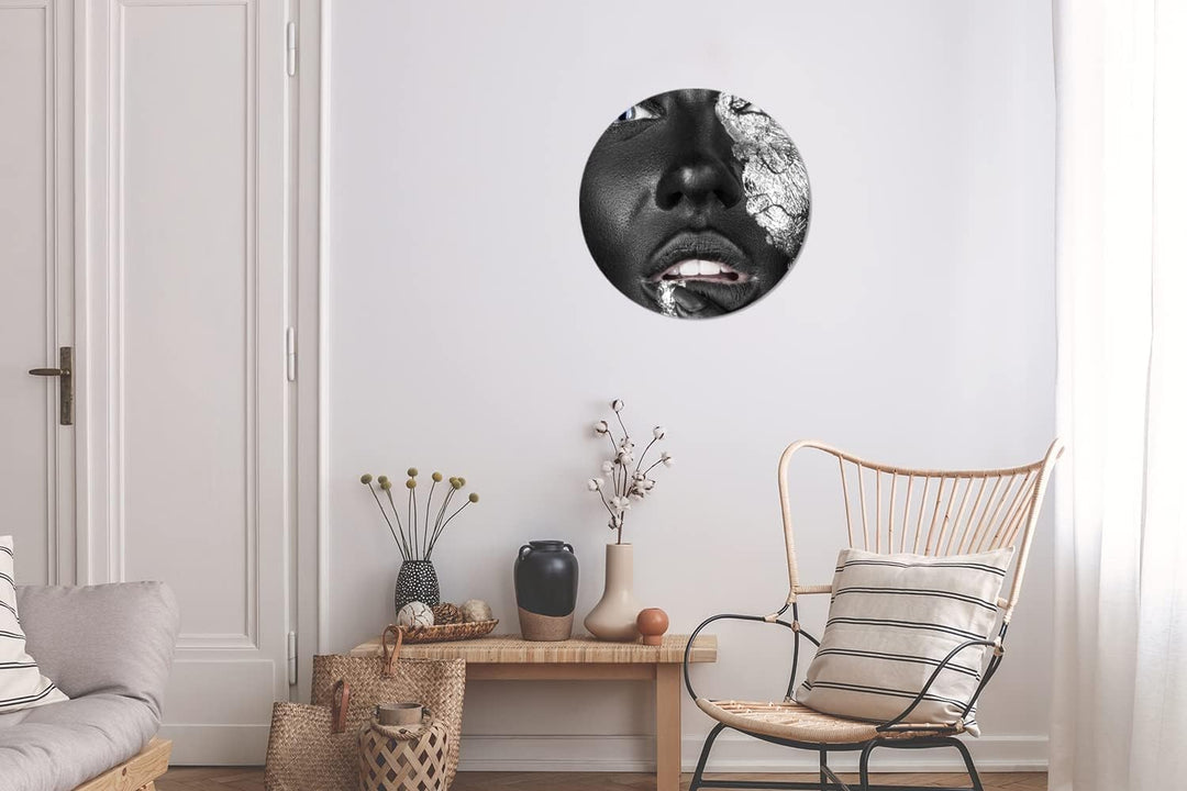 MuchoWow Wandbild Rund Wanddeko Deko Wohnzimmer Bilder 30x30 cm Silber - Weiblich - Schwarz, 30x30 c