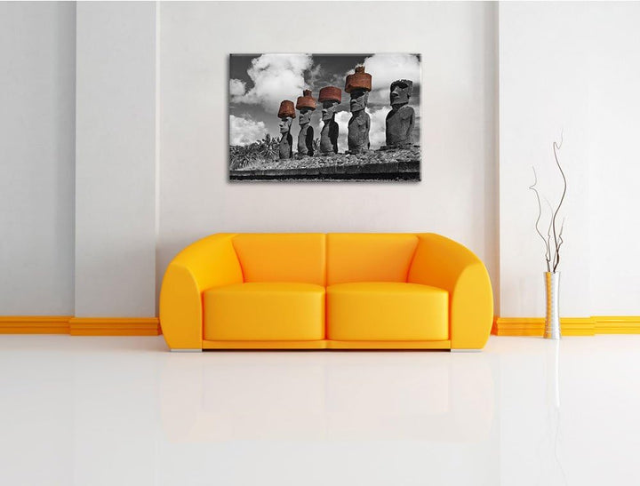 Moai Statuen auf den Osterinseln schwarz/weiss Format: 100x70 auf Leinwand, XXL riesige Bilder ferti