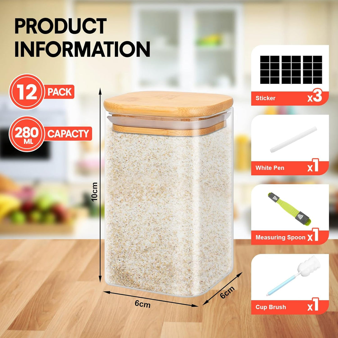 YUTUY Vorratsdosen Glas 12er Set,Vorratsgläser mit Deckel Eckig, Vorratsgläser Glasbehälter,Gewürzgl