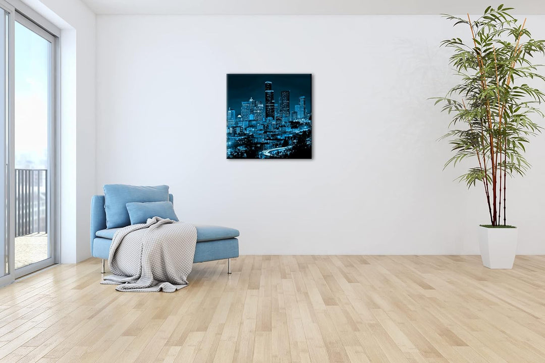 deyoli belebte Skyline von Seattle bei Nacht Format: 60x60 Effekt: Monocrome Blau als Leinwandbild,